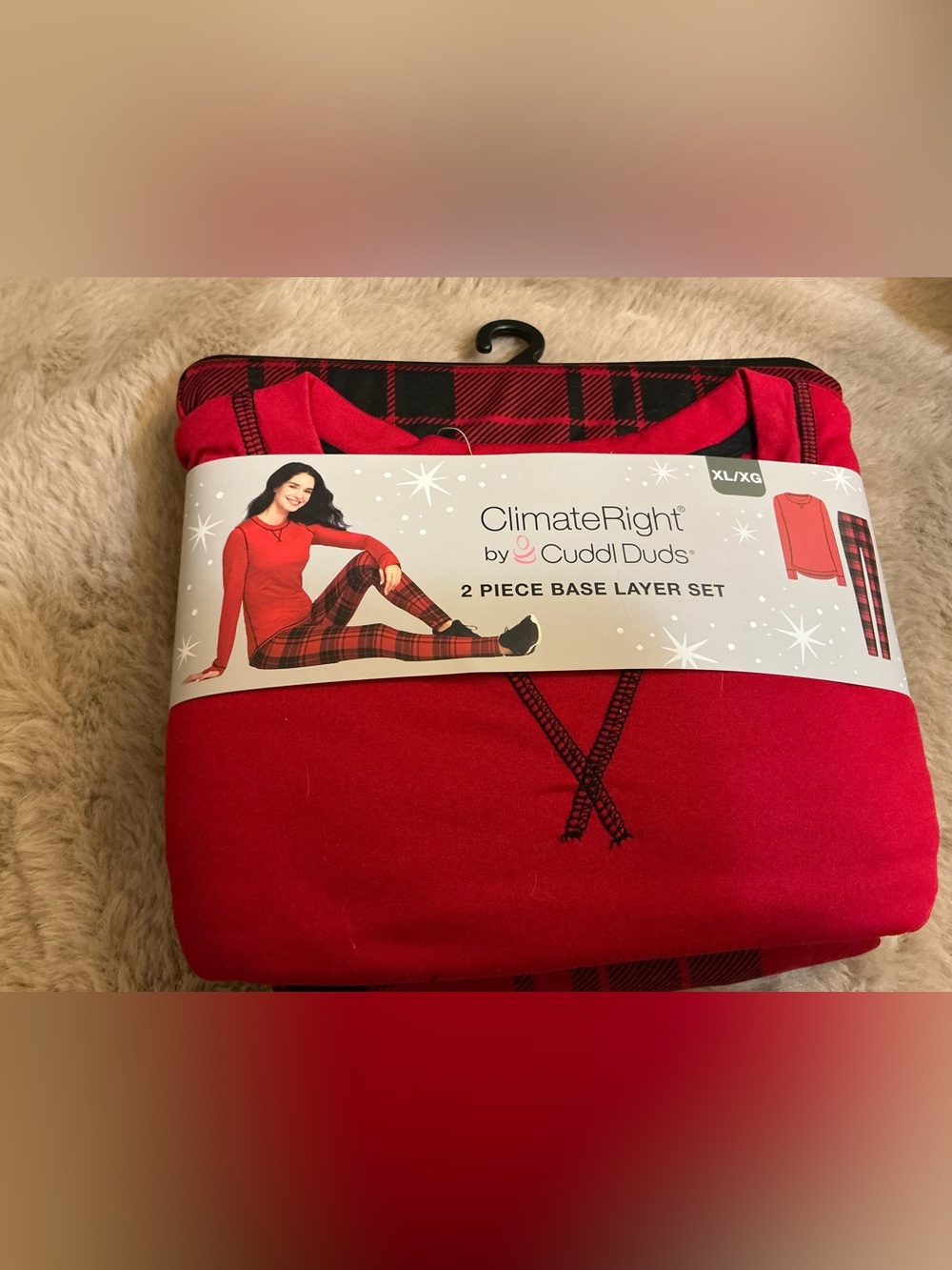 ClimateRight by Cuddl Duds Women's XL Red Buffalo Plaid 2 Pc Base Layer Set NWT